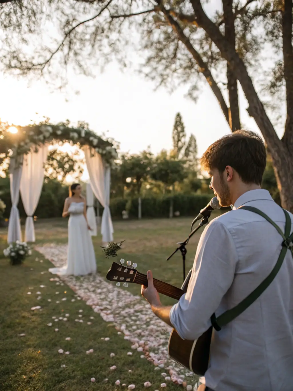 A beautifully lit outdoor wedding ceremony with Sam McCann playing acoustic guitar as the bride walks down the aisle.