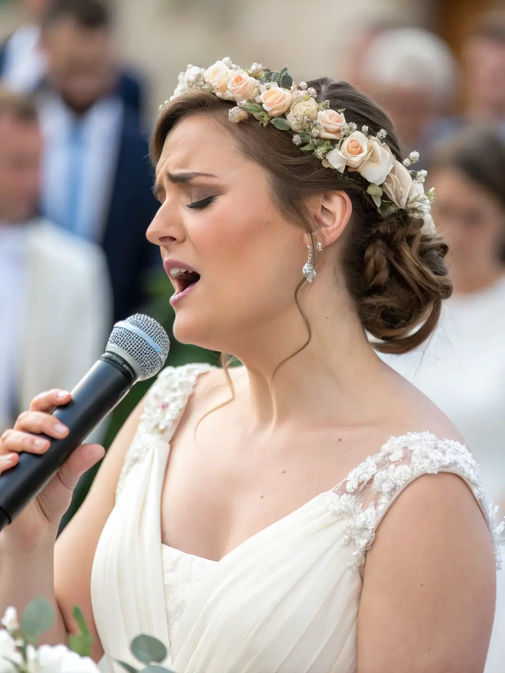 A close-up shot of Sam McCann singing a heartfelt song during a wedding first dance, capturing the emotion of the moment.
